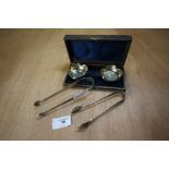 Pair of cased silver salts Birmingham 1892 (case AF) and sugar tongs