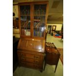 Art Deco oak bureau bookcase with leaded glass doors