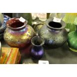 2 iridescent glass vases & other