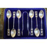 Set of 6 Arts & Crafts Teaspoons with Sugar Tongs (Cased)