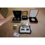Box of Masonic items inc cufflinks, coins