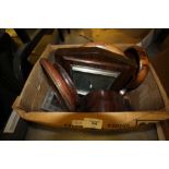 Box of mixed clocks and wooden ware