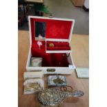 Jewellery box and contents and silver backed brush