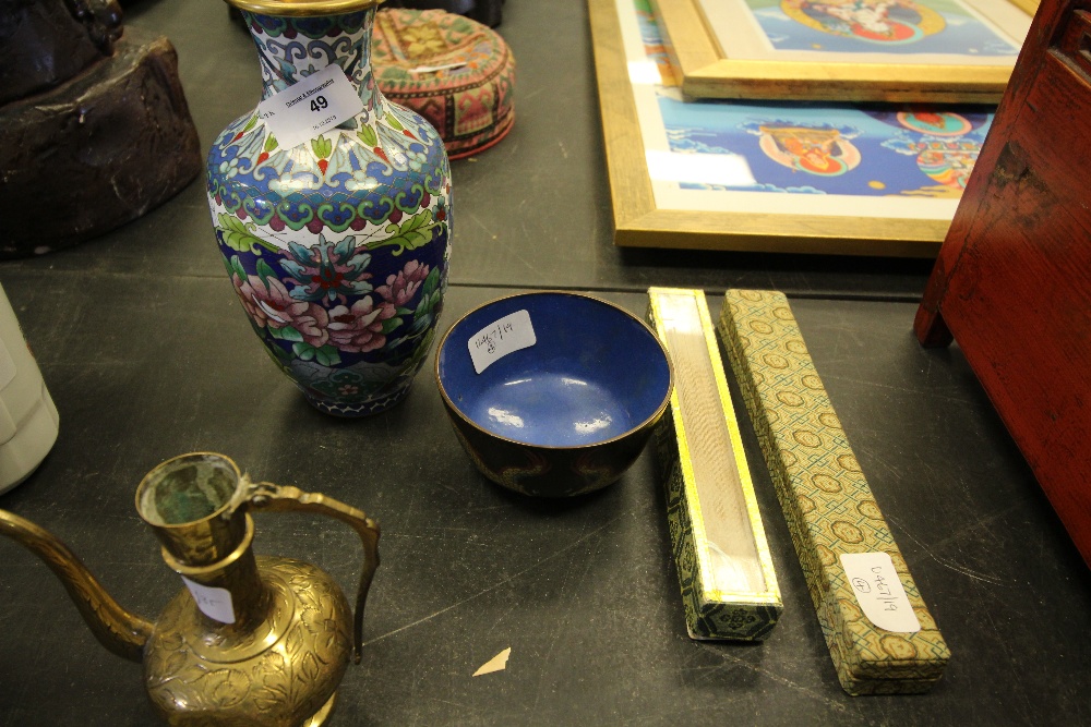 Cloisonne vase, bowl & chopsticks and boxed pierced wooden fan