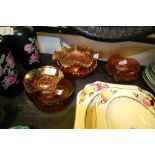 5 Pieces of Carnival glass and an Amber glass Bowl
