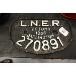 Cast iron L.N.E.R. 20 tons 1946 Darlington 270891 plaque