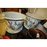 2 Handmade & Painted Porcelain Planters with Stands by Kewdos with an iris decoration