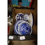 Box of blue and white pottery inc plate warmer