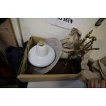 Box of misc inc scales, lamp shade etc