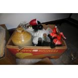 Box including old bottles, stoneware, lamps etc