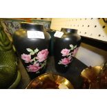 Pair of Vintage Holkirk Ware Vases with roses on black background