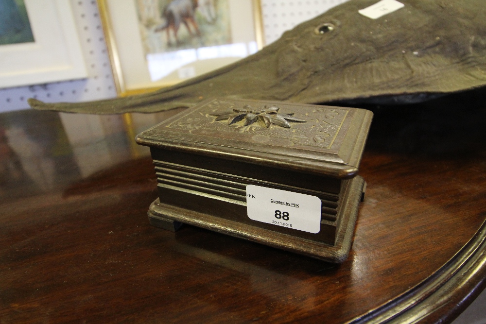 Small 19th Century carved wooden box containing mixed coinage including Swiss 20 Franc and 5 Franc