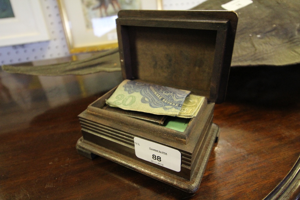 Small 19th Century carved wooden box containing mixed coinage including Swiss 20 Franc and 5 Franc - Image 2 of 2