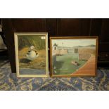 Two naive oil paintings, Duck and Harbour Scene, both framed