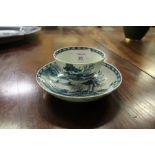 18th Century Worcester 'Rockstrater Island' pattern blue and white porcelain tea bowl and saucer, c.