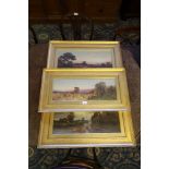 A. Ranius (?), three guoache paintings - Corn stooks, River landscape, Street scene, each approx