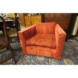 1970's square swivel armchair, red corded cloth