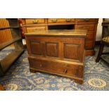 Late 18th Century oak Coffer Bach, with lifting top, three panel front and drawer, 66cm wide x