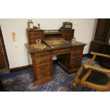 Victorian walnut Dickens desk by Maple & Co, 130cm x 66cm x 112cm high, wear to leather and