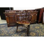 19th Century elm Windsor armchair, with crinoline stretcher (old repair to arm)