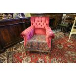 Edwardian mahogany Country House armchair, upholstered in buttoned red velvet, the seat in antique