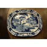 Early 19th Century Stevensons 'Oriental River' pattern blue and white pottery meat plate, 53.5cm x