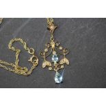 9ct gold aquamarine and seed pearl pendant and chain