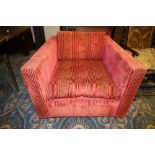 1970's square swivel armchair, red corded cloth