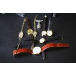 Rolled gold cased ladies Timor wristwatch, marcasite fob watch and six other watches