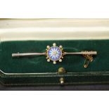 Victorian gold coloured metal diamond, seed pearl and Jasper Ware bar brooch