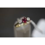 18ct Gold Ruby & Diamond 3 Stone ring