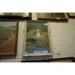 Two naive oil paintings, Duck and Harbour Scene, both framed