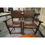 Pair of Leather & Oak Studded Armchairs