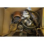Box of brass and copper including jam pan