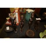 Egyptian pottery lamp and four carved wood African figures, etc.