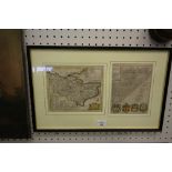 Robert Morden - coloured engraving, Map of Kent, together with a road plan, framed as one