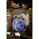 Box of blue and white pottery inc plate warmer