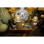 2 plated coffee/hot water pots, copper planter and 2 wooden dishes