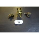 Cast French Bulldog and two cast frogs (brass and copper)