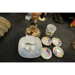 Goebel figure, mug, Royal Copenhagen dish and 4 Crow Staffordshire hand painted plates