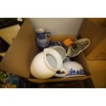 Two Rhenish pottery jugs and quantity of mixed china, toilet sets, etc.