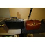 Brown leather briefcase and other