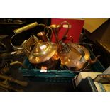 Box of mixed copper kettles etc.