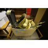 Box of brass fire tongs, guard, scuttle etc