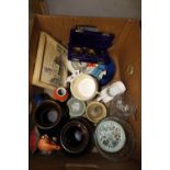 Box of mixed china/glassware including ivorex and chemist scales