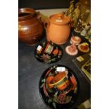 Wetheriggs pottery lidded pot and 2 trios of cups, saucers and plates