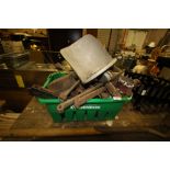 Box of metal wares and peet spade and saw