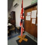 Large satin Union flag (155cm x 97cm) on 3 piece pole (228cm) with presentation plaque