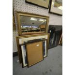 Gilt mirror, 4 prints and picture frame