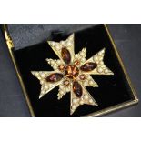 Large Maltese cross design brooch set with faux pearls & faux cairngorms